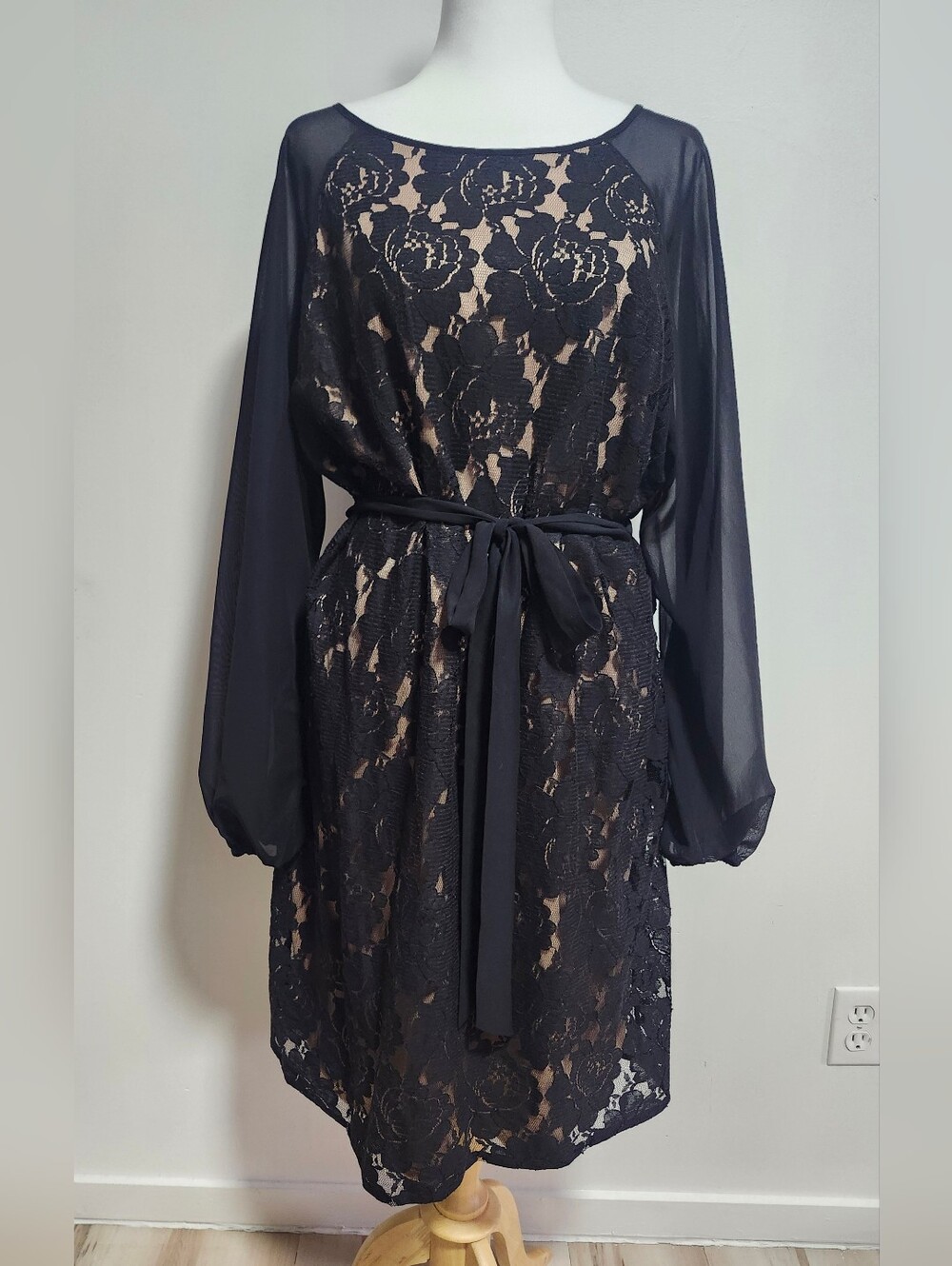 Black Lace Overlay Women's Dress with Sheer Long Sleeves By Laura